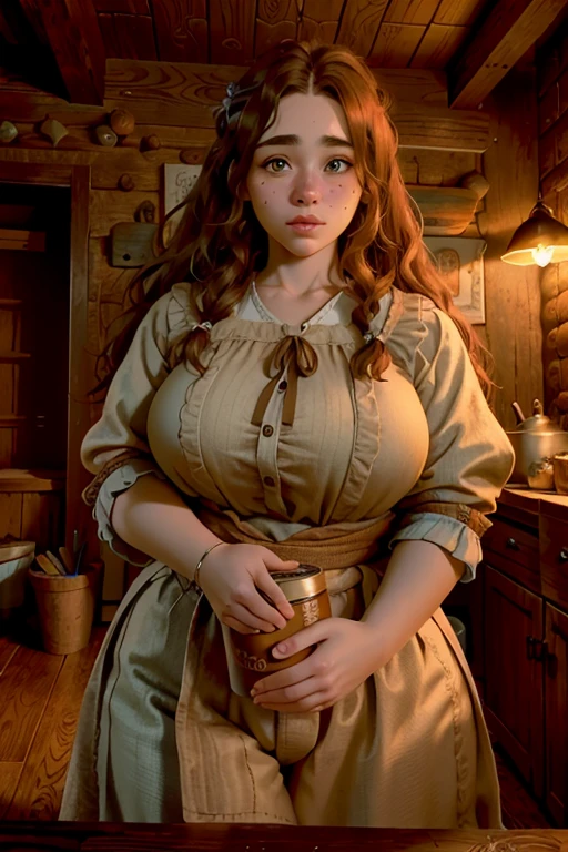 2 chubby female dwarf sisters, long wavy ginger hair, thick eyebrows, dark brown eyes, freckled face, plump lips, round face, wearing modest peasant clothes, large bust, broad hips, innocent gaze, rustic cabin setting, (best quality,4k,8k,highres,masterpiece:1.2),ultra-detailed,(realistic,photorealistic,photo-realistic:1.37),digital art,cinematic lighting,warm color palette,natural textures