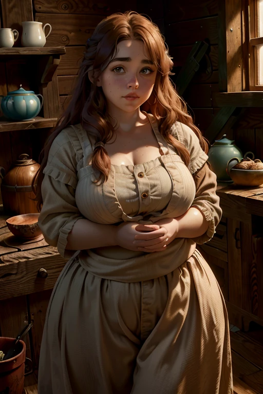 2 chubby female dwarf sisters, long wavy ginger hair, thick eyebrows, dark brown eyes, freckled face, plump lips, round face, wearing modest peasant clothes, large bust, broad hips, innocent gaze, rustic cabin setting, (best quality,4k,8k,highres,masterpiece:1.2),ultra-detailed,(realistic,photorealistic,photo-realistic:1.37),digital art,cinematic lighting,warm color palette,natural textures