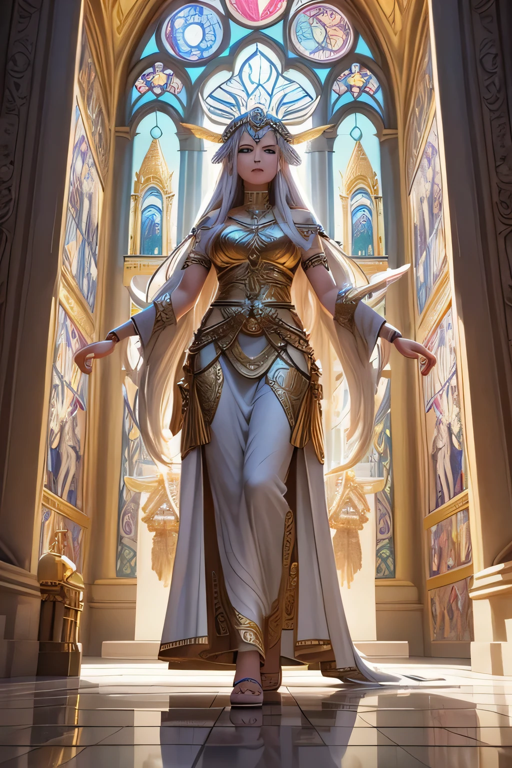 A long white-haired Valkyrie stands gracefully in a magnificent temple, surrounded by divine statues and intricate carvings. The temple is bathed in sunlight, streaming through stained glass windows, casting colorful patterns on the marble floor. She is in deep conversation with the gods, their ethereal forms glowing softly. The atmosphere is serene and majestic, with the grandeur of the temple and the sacredness of the moment emphasizing the Valkyrie's reverence and devotion.
