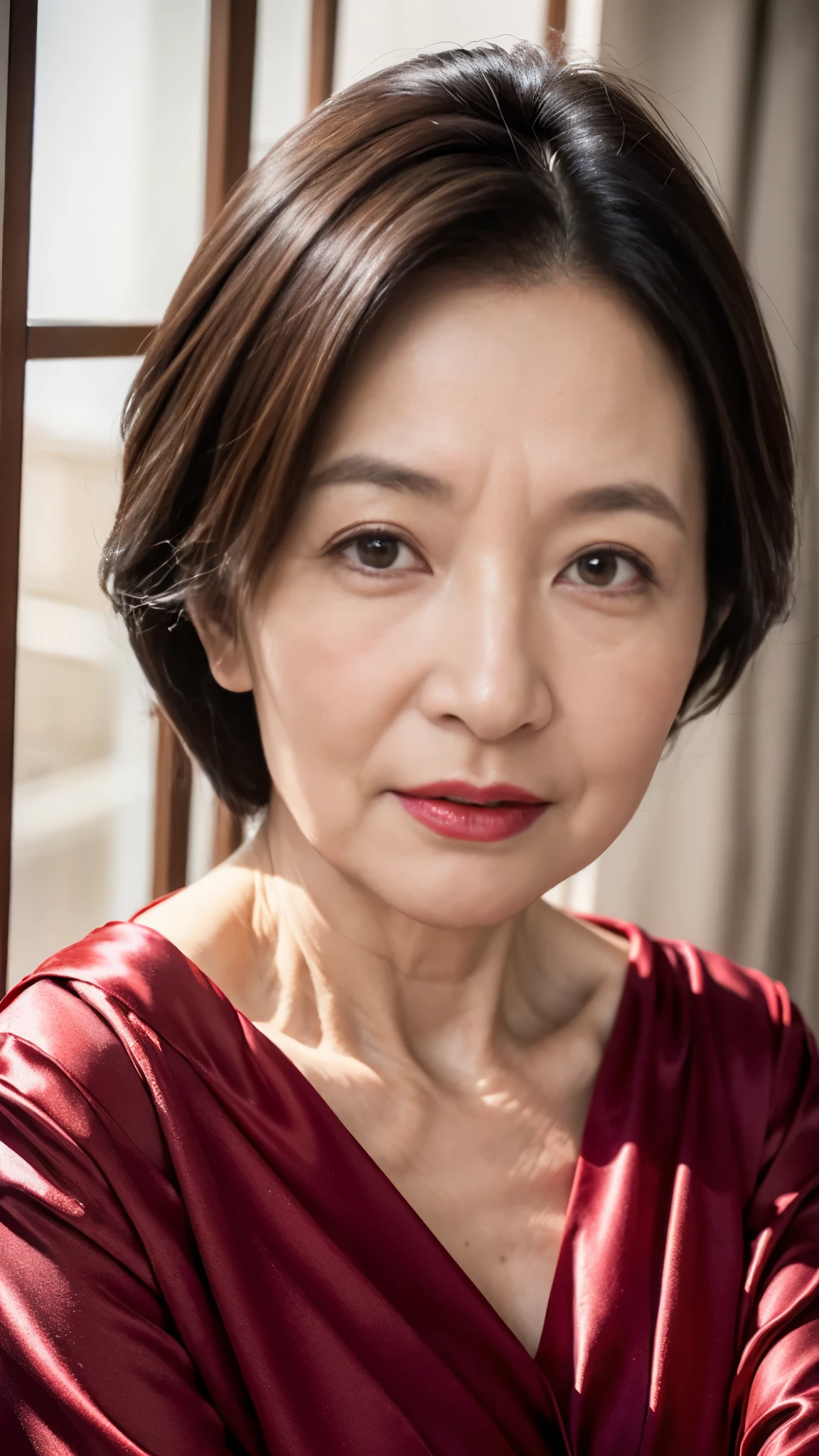 Masterpiece, Beautiful finish, Beautiful mature woman、63-year-old woman、Face close-up,Long face, Red lips, Thin lips, Satin dress, Light from the front, 