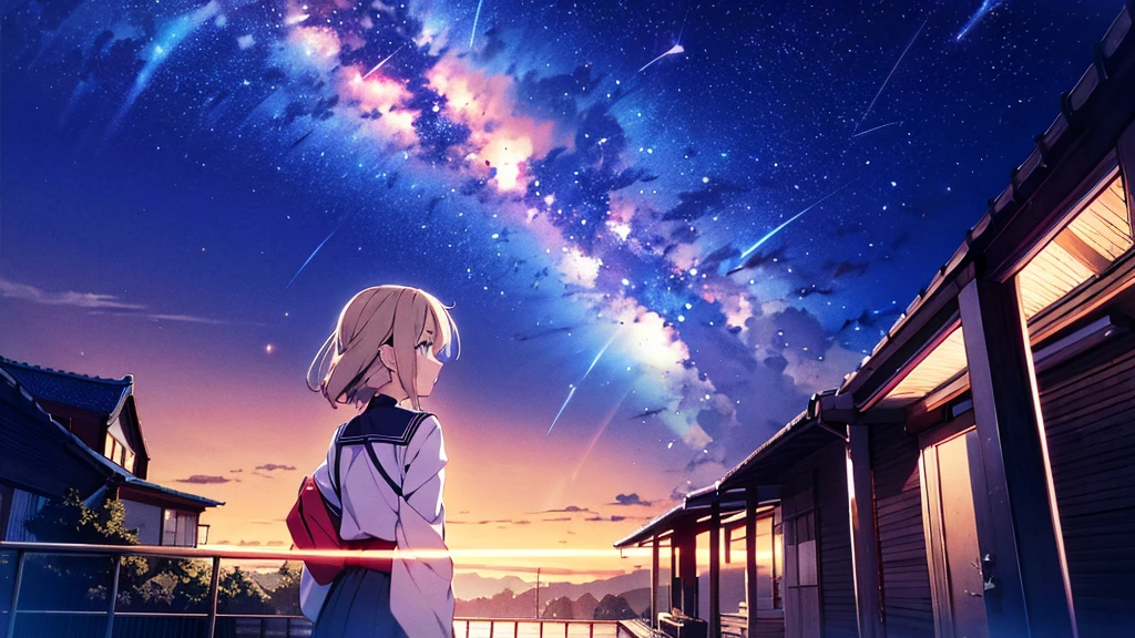 outrageous solution、High resolution、(masterpiece:1.4)、super detailed、floating、Super detailed night sky、performer、milky way、shooting star、Meteor、Meteor群, night, starry sky, Milky Way, beautiful anime scene, starry sky, night, near sky, 独奏, outdoor, cloud, hair length, city, silhouette, (highest quality、masterpiece)、1 girl、Super high resolution、独奏、japanese woman。Rear view、high school girl、Photorealism、light brown straight hair、thin hair、fashionable girl。wearing a white shirt。ray tracing light 