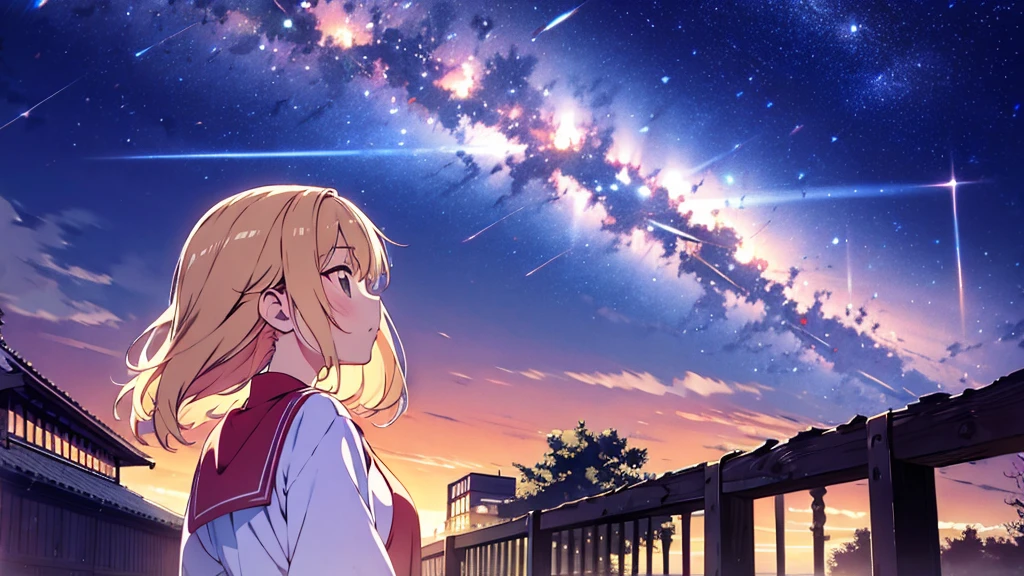 outrageous solution、High resolution、(masterpiece:1.4)、super detailed、floating、Super detailed night sky、performer、milky way、shooting star、Meteor、Meteor群, night, starry sky, Milky Way, beautiful anime scene, starry sky, night, near sky, 独奏, outdoor, cloud, hair length, city, silhouette, (highest quality、masterpiece)、1 girl、Super high resolution、独奏、japanese woman。Rear view、high school girl、Photorealism、light brown straight hair、thin hair、fashionable girl。wearing a white shirt。ray tracing light 