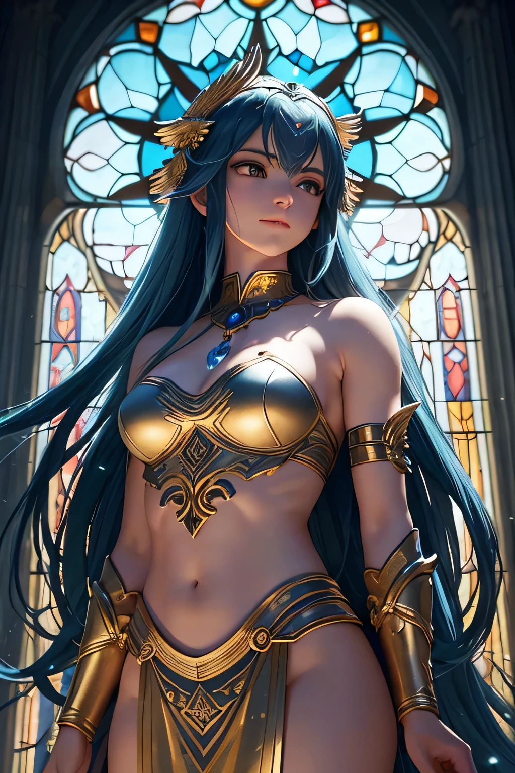 A long BLUE-haired Valkyrie stands gracefully in a magnificent temple, illuminated by the soft glow of moonlight filtering through stained glass windows. The temple is bathed in a mystical light, with shadows dancing on the marble floor. She is in deep conversation with the gods, their ethereal forms glowing with a faint, otherworldly light. The atmosphere is serene and majestic, with the grandeur of the temple and the sacredness of the moment emphasizing the Valkyrie's reverence and devotion in the tranquil night.(((upper body)))
