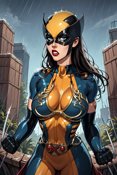 score_9, score_8_up, score_7_up, masterpiece, high quality, break lrakinyx, long hair, mask, bodysuit, gloves, belt, angry, rain...