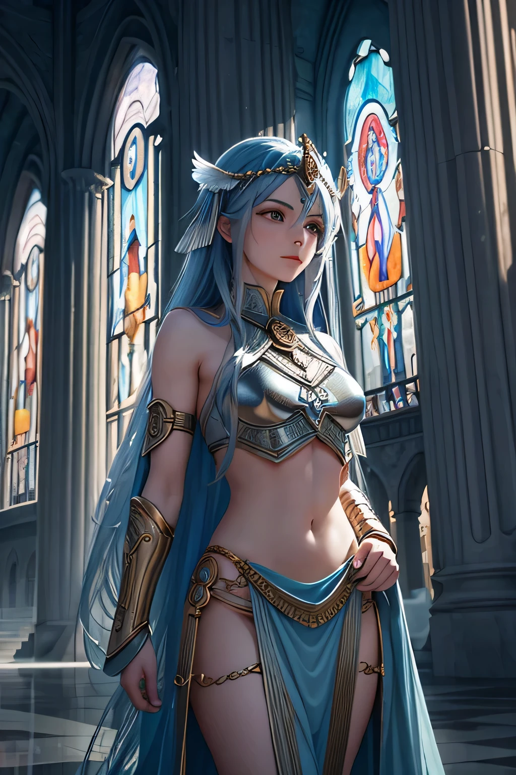 A long BLUE-haired Valkyrie stands gracefully in a magnificent temple, illuminated by the soft glow of moonlight filtering through stained glass windows. The temple is bathed in a mystical light, with shadows dancing on the marble floor. She is in deep conversation with the gods, their ethereal forms glowing with a faint, otherworldly light. The atmosphere is serene and majestic, with the grandeur of the temple and the sacredness of the moment emphasizing the Valkyrie's reverence and devotion in the tranquil night.(((upper body)))
