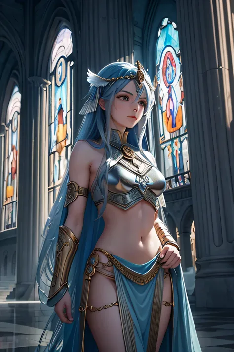 A long BLUE-haired Valkyrie stands gracefully in a magnificent temple, illuminated by the soft glow of moonlight filtering throu...