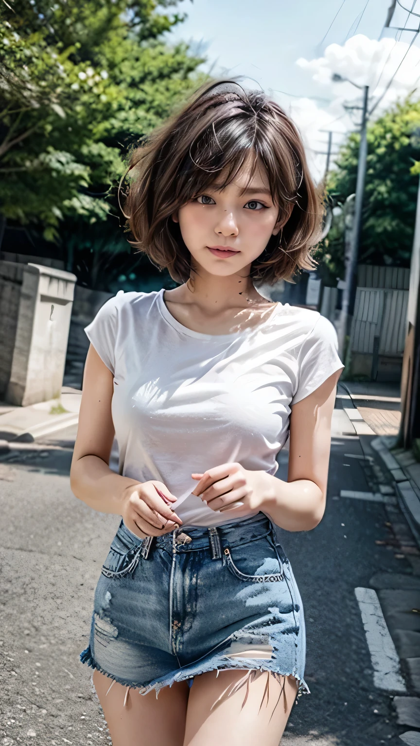 (Una chica caminando por las calles de Tokio:1.2、cielo azul)、((Camisa con cinta、minifalda ajustada、calcetines blancos、zapatillas)、el viento es fuerte、(Realista、como una fotografía、Acción en vivo、8K, Realista, Fotos CRUDAS, mejor calidad de imagen: 1.4), Cámara réflex de un solo objetivo、Fotos CRUDAS, de la máxima calidad, Realista, Highly detailed CG Unity 8K wallpaper, Profundidad del límite escrito, luz cinemática, Destello de lente, trazado de rayos, Realista background、((piel de densidad ultra alta))、 1 chica、linda chica japonesa、(todo el cuerpo:1.5)、Muy detalladoな顔，aparta tus ojos:1.1、(cabello corto:1.2、Pelo corto ondeando al viento.:1.4)、me gusta ese estilo、elegante、Muy detallado、Ponga atención a los detalles、traje perfecto、(Piel quemada por el sol)、vista desde arriba、manos precisas、Piernas precisas、Manos y dedos detallados.、Cuerpo anatómicamente correcto、piernas delgadas、muslos delgados、pechos grandes