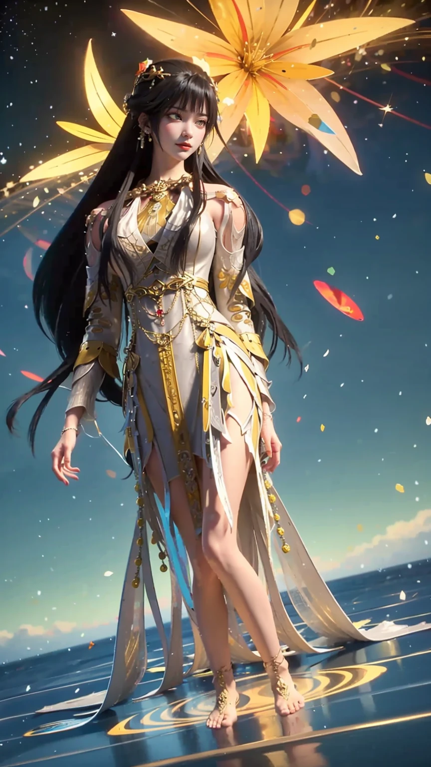 Cartoon woman kneeling on the starry sky, Water splashes at the knees，CG Social Trends, Smooth anime CG art, Starry sky background，Full body view，Royal sister kneeling posture，(((yellow eyes))), ((long black hair)), delicate features