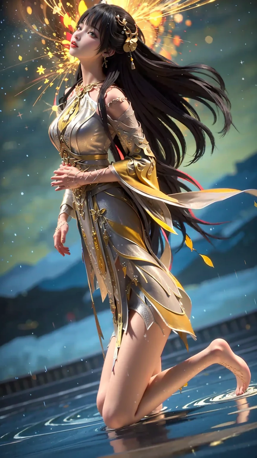 Cartoon woman kneeling on the starry sky, Water splashes at the knees，CG Social Trends, Smooth anime CG art, Starry sky background，Full body view，Royal sister kneeling posture，(((yellow eyes))), ((long black hair)), delicate features