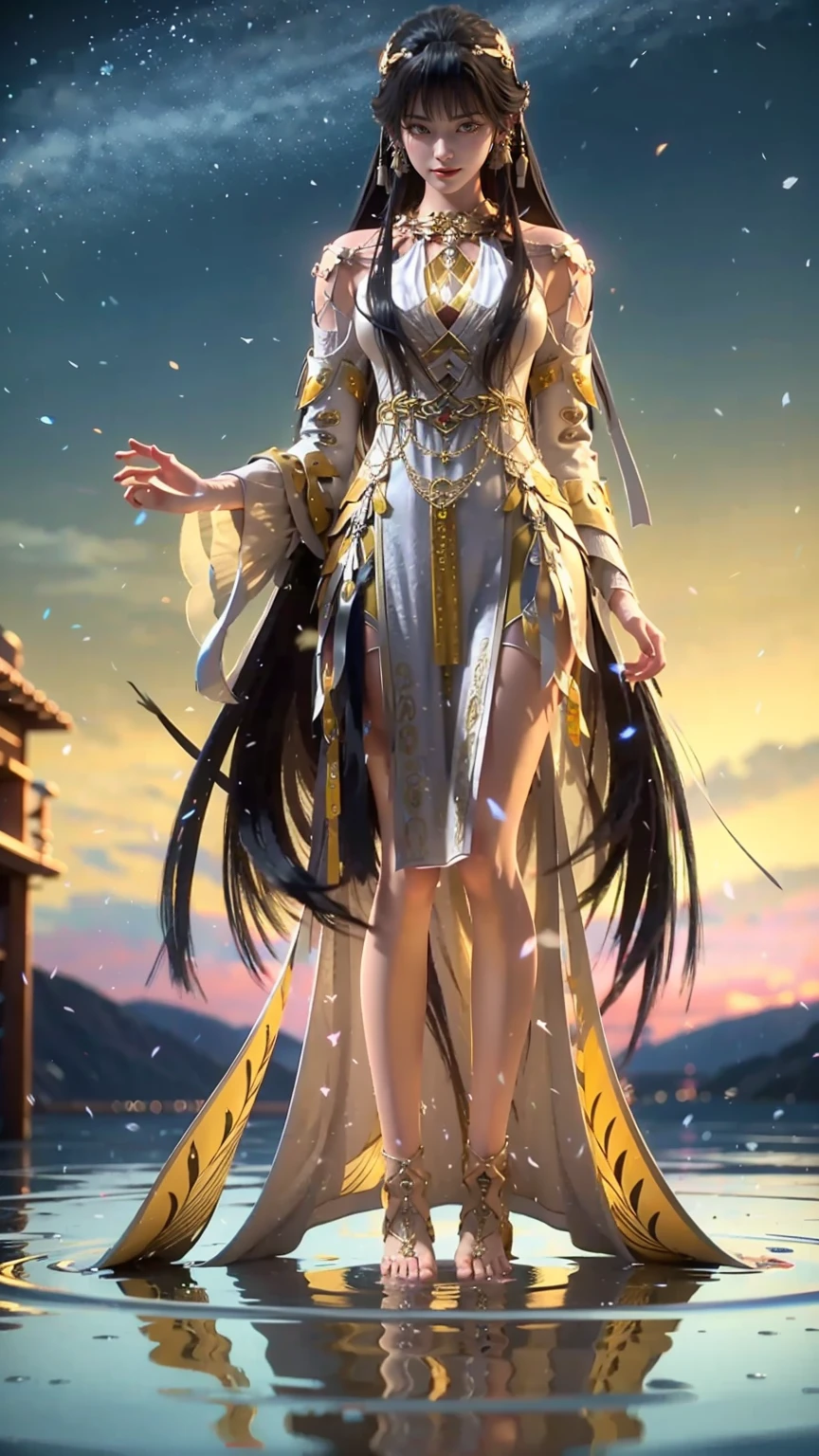 Cartoon woman kneeling on the starry sky, Water splashes at the knees，CG Social Trends, Smooth anime CG art, Starry sky background，Full body view，Royal sister kneeling posture，(((yellow eyes))), ((long black hair)), delicate features