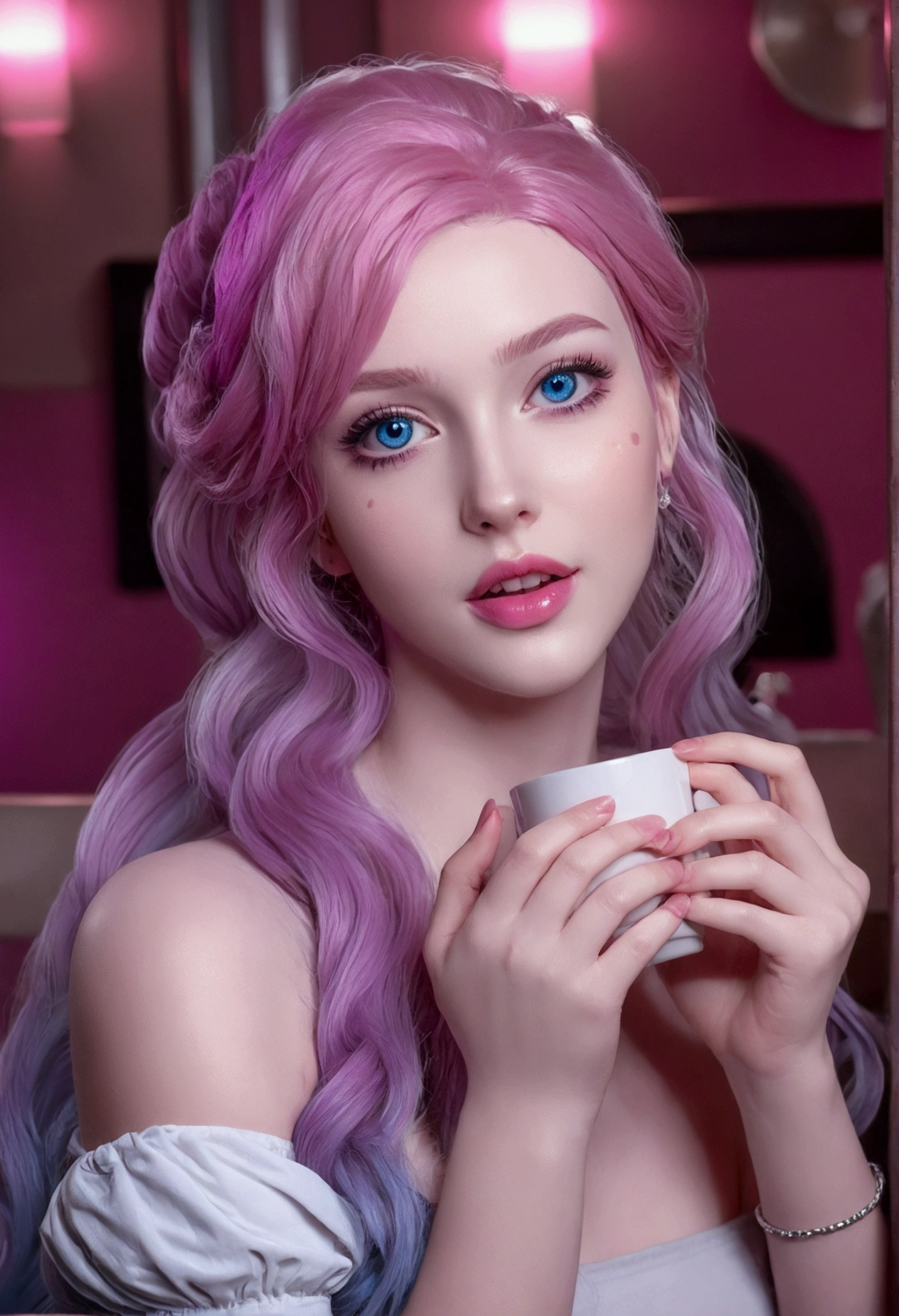 masterpiece, raw,  Beautiful art, professional artist, 8k, art style by sciamano240, Very detailed face, very detailed hair, 1 girl, perfectly drawn body, beautiful face, by the wide, light blue fur , very detailed blue eyes, sensual lips , pink cheeks, intricate details in the eyes, playful smile, looking directly at the viewer , happy expression, wedding ring , lipstick, modern cafe atmosphere, very close to the face, fashionable winter clothes, drinking a coffee, 