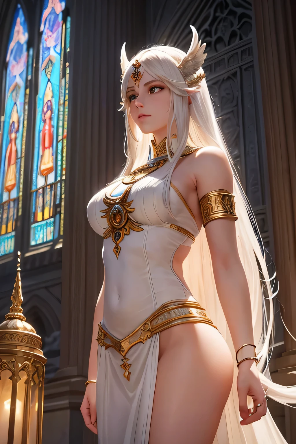 A long WHITE-haired Valkyrie stands gracefully in a magnificent temple, illuminated by the soft glow of moonlight filtering through stained glass windows. The temple is bathed in a mystical light, with shadows dancing on the marble floor. She is in deep conversation with the gods, their ethereal forms glowing with a faint, otherworldly light. The atmosphere is serene and majestic, with the grandeur of the temple and the sacredness of the moment emphasizing the Valkyrie's reverence and devotion in the tranquil night.(((upper body)))
