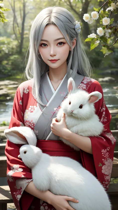 Highest quality, 32K, RAW Photos,  Very detailed, Delicate texture, Silver Hair、Cute woman
(Holding a cute stuffed rabbit in bot...