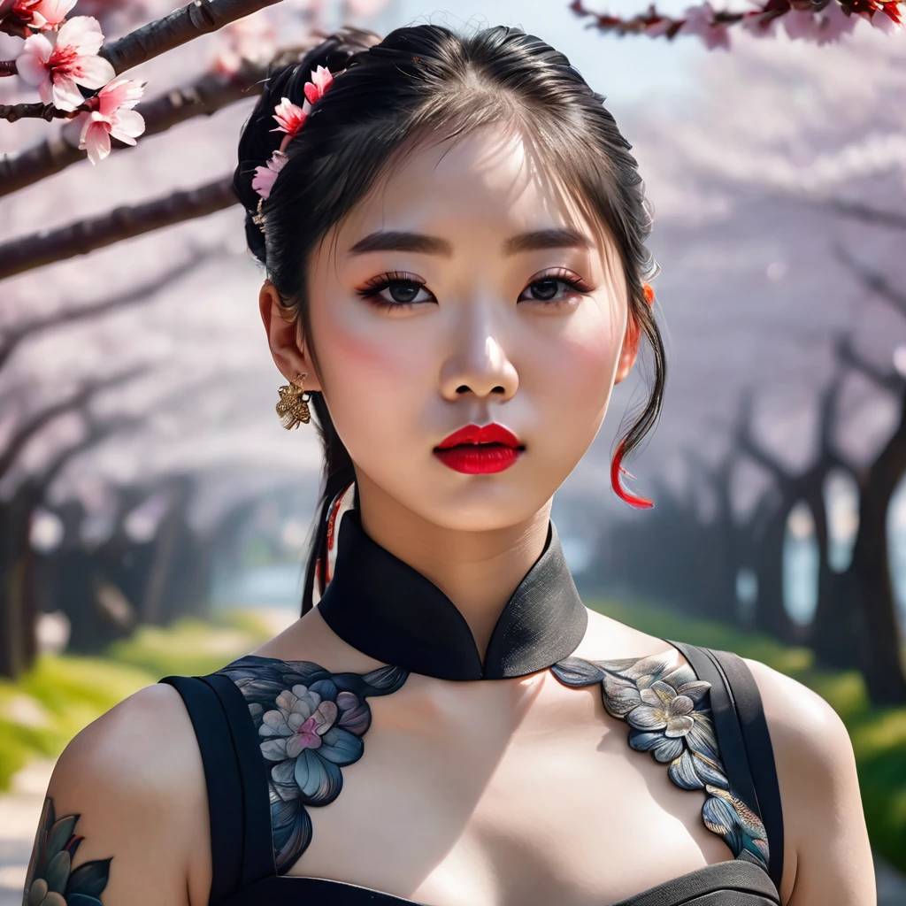 Hyperrealistic portrait of a stunning Korean kpop idol with a white braided ponytail, full sleeve koi fish tattoo, and red lips, wearing a tight all-black sleeveless dress amidst a breathtaking cherry blossom landscape. Canon R5, 200mm lens, sharp focus, and shot in RAW format. The photograph showcases an intricate, photorealistic, and highly detailed face in 8k HD quality. ((8k, RAW photo, highest quality, masterpiece), High detail RAW color photo professional photo, (realistic, photorealism:1.5), (highest quality), (best shadow), (best illustration), ultra high resolution, highly detailed CG unified 8K wallpapers, physics-based rendering, cinematic lighting, photorealistic, photo, masterpiece, realistic, realism, photorealism, high contrast, photorealistic digital art trending on Artstation 8k HD high definition detailed realistic, detailed, skin texture, hyper detailed, realistic skin texture, armature, best quality, ultra high res, (photorealistic:1.4), high resolution, detailed, raw photo, sharp, nikon d850 film stock photograph 4 kodak portra 400 camera f1.6 lens rich colors hyper realistic lifelike texture dramatic lighting unreal engine trending on artstation cinestill 800)