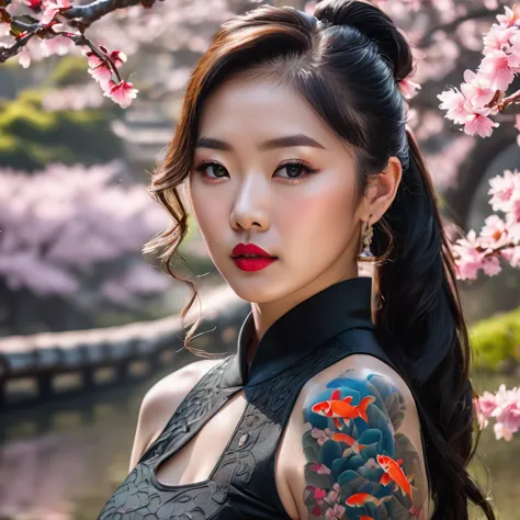 hyperrealistic portrait of a stunning korean kpop idol with a white braided ponytail, full sleeve koi fish tattoo, and red lips,...