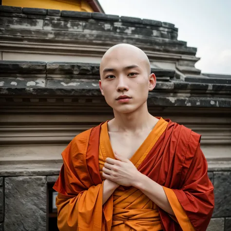 masterpiece, hd,detailed, best quality, 1boy, 20 y.o man, japanese man, bald,no hair, (bald:1.2),  buddhist monk, thailand, outd...