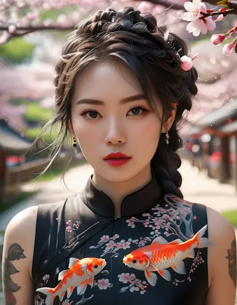 hyperrealistic portrait of a stunning korean kpop idol with a white braided ponytail, full sleeve koi fish tattoo, and red lips,...