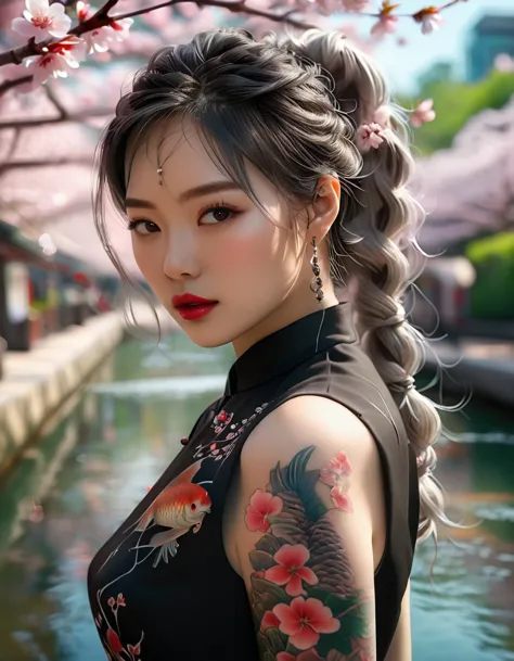 hyperrealistic portrait of a stunning korean kpop idol with a white braided ponytail, full sleeve koi fish tattoo, and red lips,...