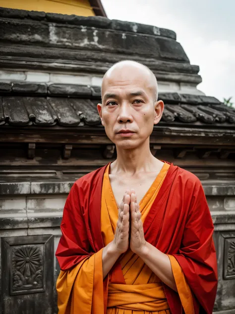 masterpiece, hd,detailed, best quality, 1man, very old man, 80 y.o , thai man, bald,no hair, (bald:1.2),  buddhist monk, thailan...