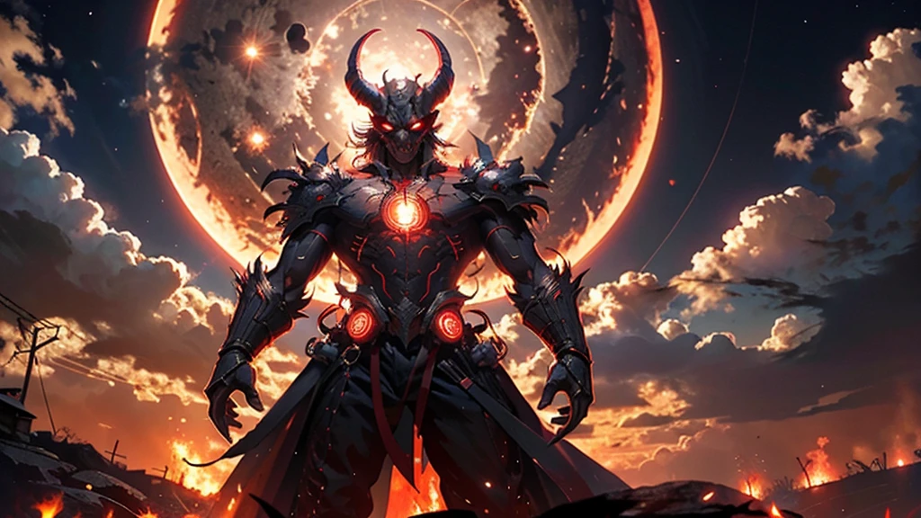 a demonic demon standing in front of a full moon with a red light on his face and a red light on his head,fire,Aurora,combustion,残りfire,Shine,cloud,Shine eyes,campfire,crescent moon,Men&#39;s Center,star座,cloudy null,Particles of light,inflammation,alone,night null,Diffraction Spikes,evening,full moon,null,Milky Way,null間,Shine,star \(null\),lava,starry null,moon,moonlight,gradient null,night,Lens flare,red moon,orange null,Outdoor,red null,sunset,milky way,sun,惑star,shooting star,purple null,starry background,Twilight,1 person,
((Highest quality)),((masterpiece)),((High resolution)),((detailed)), original, extremely detailed 8K wallpaper,複雑なdetailed, hyperdetailed, super high quality, Attention to detail, ultra detailed,Perfect lighting,, anime,comics,Game CG,