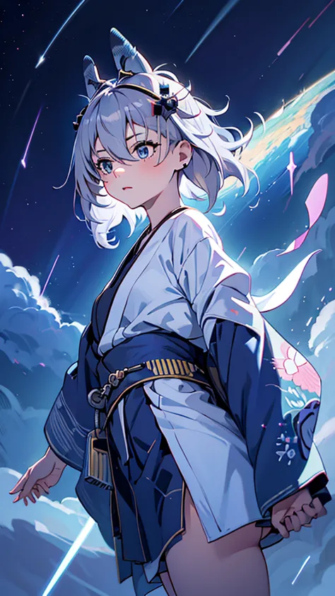 Criança;
naughty girl;
Wolf ears and tail;
Long messy hair;
gray hair;
Kimono with lightning cloud details;
Rays around the body...