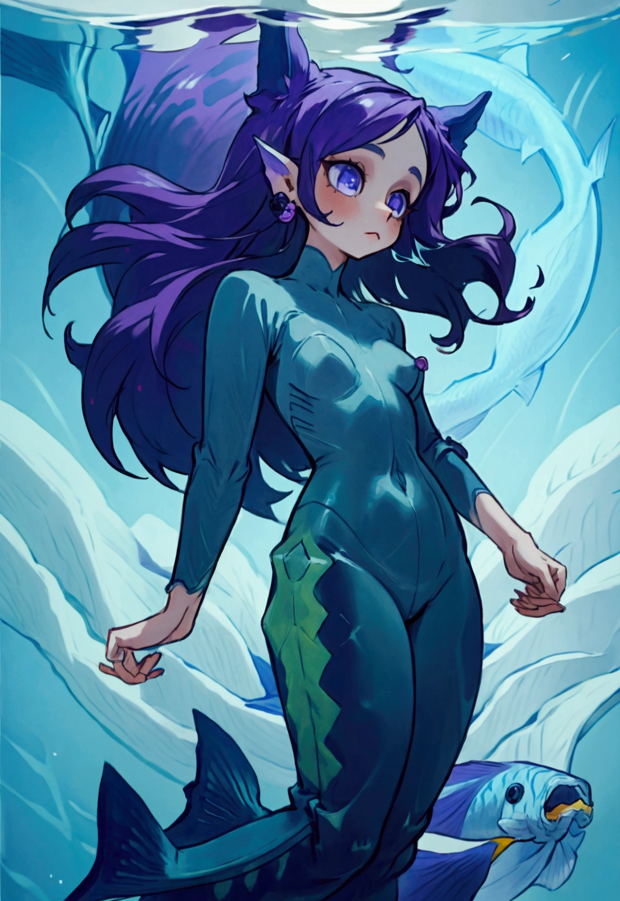 Purple girl, body with some scames, ears with gills, no clothes, hands and feet with fish traits. Long curvy hair