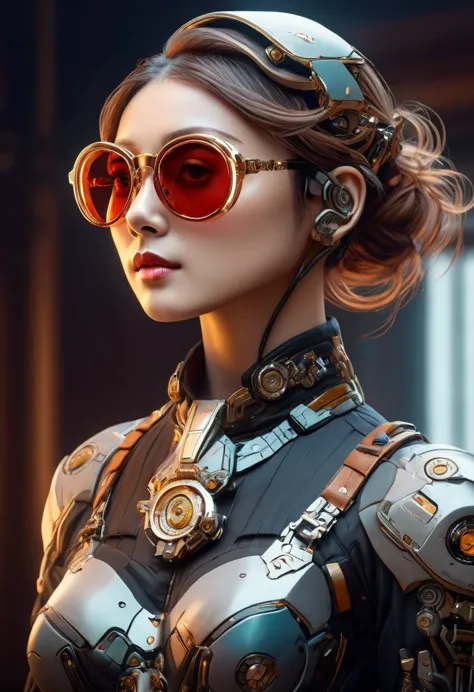 Arafed a picture of a human female spy, wearing dark suit, wearing ((mecha glasses: 1.5))exquisite beautiful female, dynamic eye...