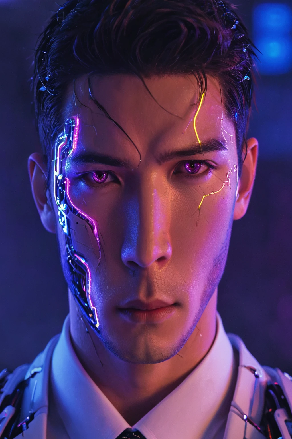 cyborg、Neon Town、A town of the near future、Inception、Beautiful Men、Male face close-up、Cyborg Man