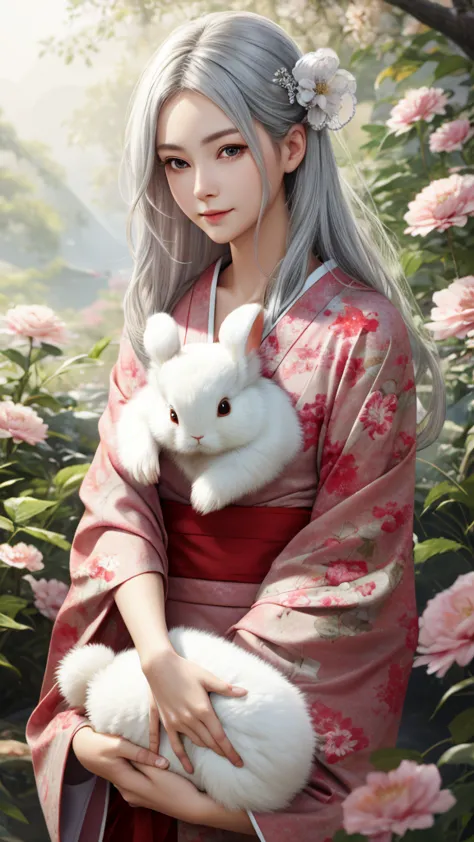 Highest quality, 32K, RAW Photos,  Very detailed, Delicate texture, Silver Hair、Cute woman
(Holding a cute stuffed rabbit in bot...