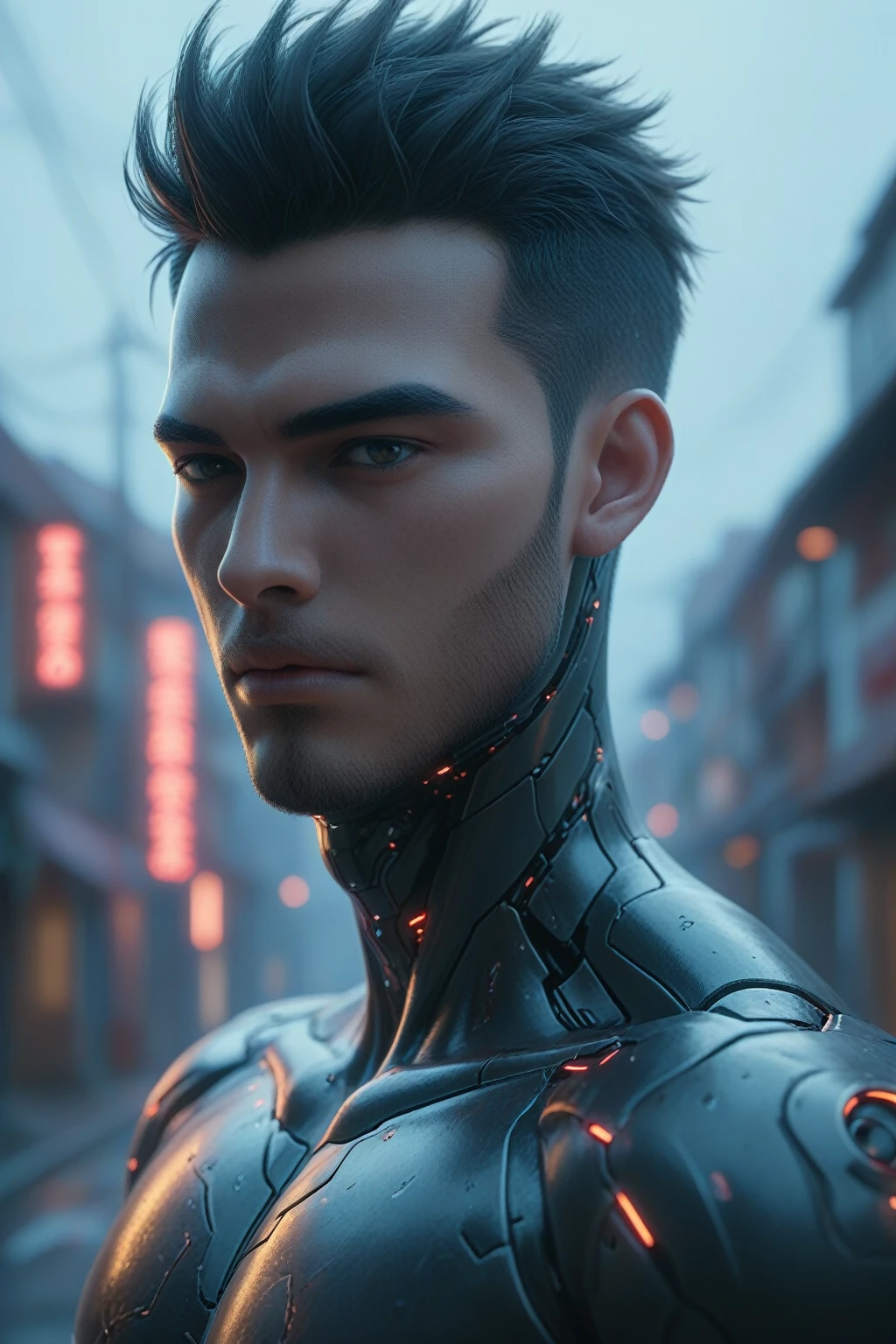 cyborg、Neon Town、A town of the near future、Inception、Beautiful Men、Male face close-up、Cyborg Man、Handsome、good looking