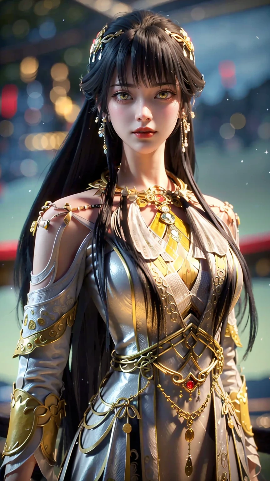 a beautiful woman in a flowing lace dress, elegant and graceful, with captivating yellow eyes and long black hair, highly detailed and realistic, 8k, masterpiece, photorealistic, ultra-detailed, sharp focus, physically-based rendering, vivid colors, professional portrait, delicate features, long eyelashes, gorgeous makeup, serene expression, natural lighting, soft bokeh background