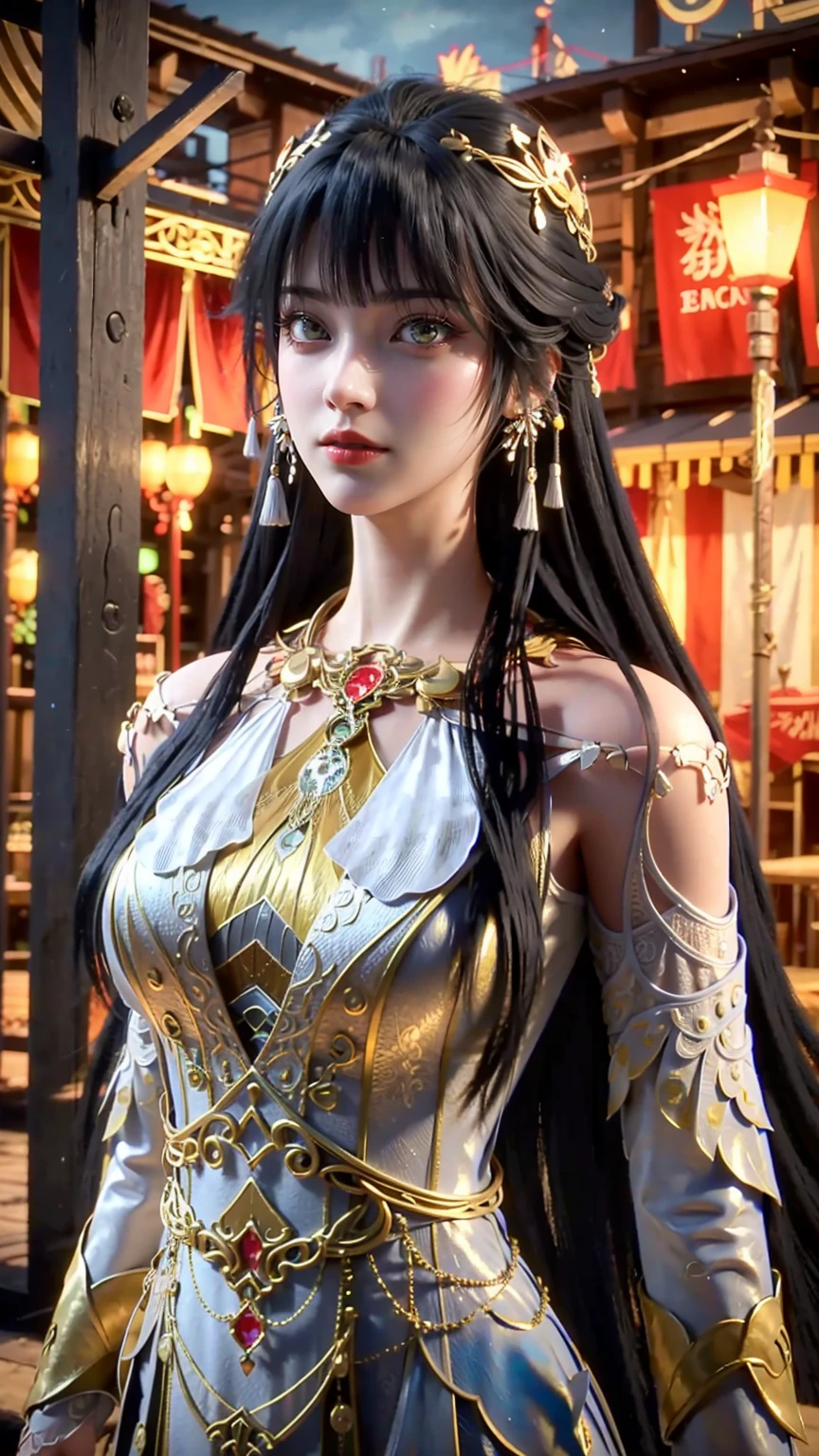 a beautiful woman in a flowing lace dress, elegant and graceful, with captivating yellow eyes and long black hair, highly detailed and realistic, 8k, masterpiece, photorealistic, ultra-detailed, sharp focus, physically-based rendering, vivid colors, professional portrait, delicate features, long eyelashes, gorgeous makeup, serene expression, natural lighting, soft bokeh background