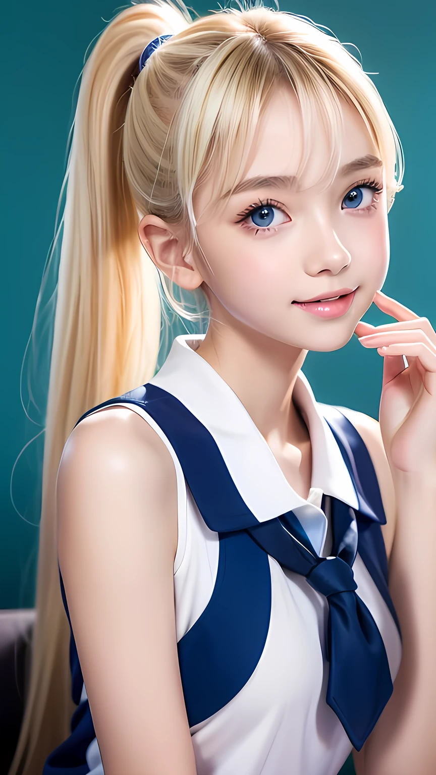 Portrait、A very beautiful girl、(School uniforms)、Bright expression、ponytail、Young shiny glossy white glossy skin、Great looks、Blonde reflection、Platinum blonde hair with highlights、Shiny bright hair,、Super long, smooth, straight, silky hair、Shiny beautiful bangs、Sparkling, crystal clear, attractive, large, very bright ice blue eyes、Very big eyes、Very beautiful, lovely and cute 16 year old girl、Ample Bust、With slit、((I could see the whole body))、Extremely white, beautiful, bright and radiant skin