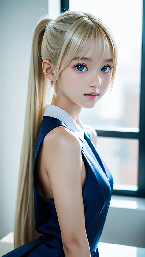 portrait、a very beautiful girl、(school uniforms)、bright expression、ponytail、young shiny glossy white glossy skin、great looks、blo...