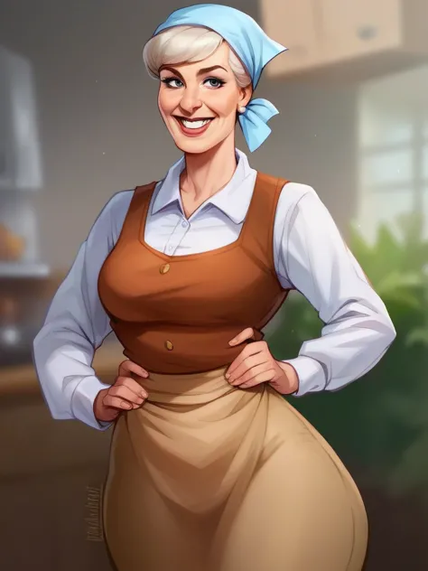 score_9, score_8_up, score_7_up, score_6_up, 1mature woman, makeup, gilf, apron, shirt, long sleeves, long brown skirt that hugs...