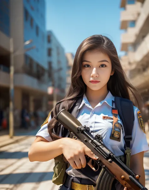 masterpiece, beautiful 20 year old indonesian woman in student uniform holding ak47 rifle, long hair, slim athletic body, round ...