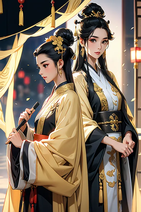 black hair, immortal, royal sister, stepmother, gold robe, taoist robe, chinese style, hair bunch