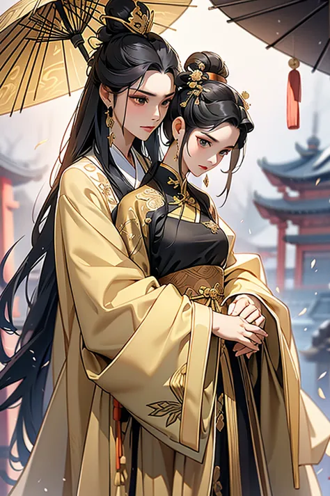 black hair, immortal, royal sister, stepmother, gold robe, taoist robe, chinese style, hair bunch