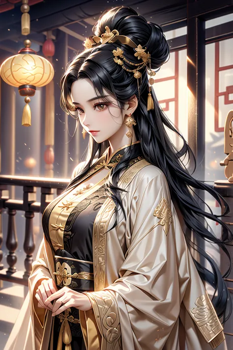 black hair, immortal, royal sister, stepmother, gold robe, taoist robe, chinese style, hair bunch