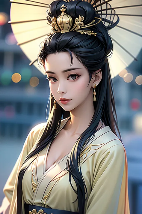 black hair, immortal, royal sister, stepmother, gold robe, taoist robe, chinese style, hair bunch