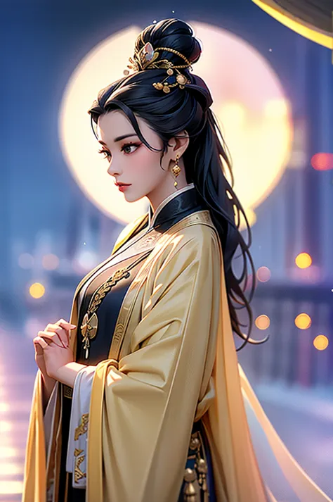 black hair, immortal, royal sister, stepmother, gold robe, taoist robe, chinese style, hair bunch