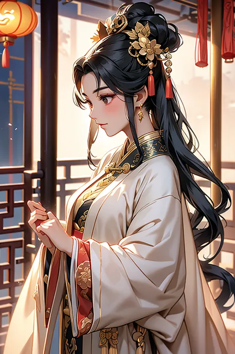 black hair, immortal, royal sister, stepmother, gold robe, taoist robe, chinese style, hair bunch, light blush