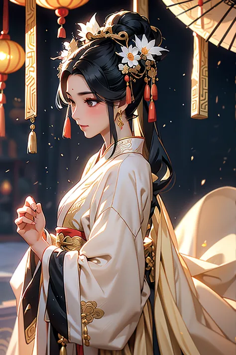 black hair, immortal, royal sister, stepmother, gold robe, taoist robe, chinese style, hair bunch, light blush