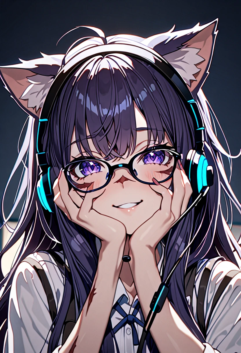 8K Ultra High-Quality, ultra-detailed, High quality, 8K Ultra High-Quality, ultra-detailed, High quality, Dark Blue hair, Long hair, Headset, cat girl, Glasses, yandere smile, close mouth, close up, huge scar on the face