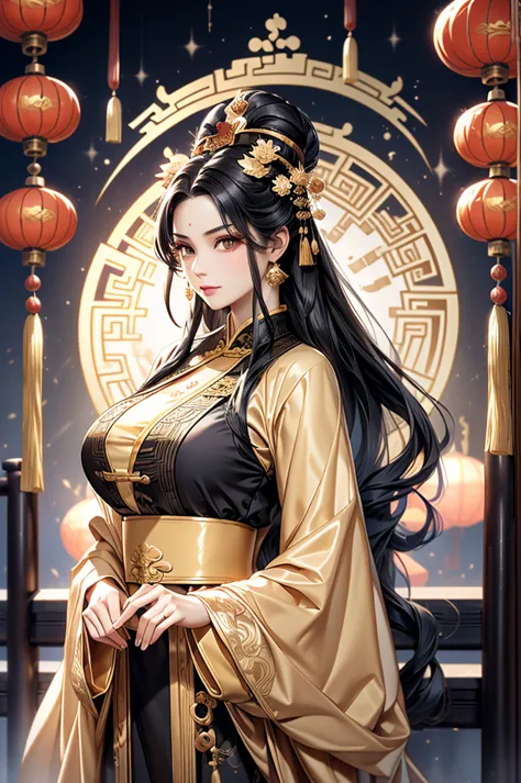 black hair, immortal, royal sister, stepmother, gold robe, taoist robe, chinese style, hair bunch