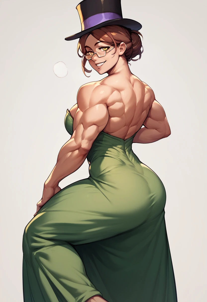 Muscular,women,female,top hat,brown hair,yellow eyes,elegant Green dress,long dress,Glasses,an exposed leg,smile ,solo,breasts,,dock,bay,(Hypermuscle:1.2)