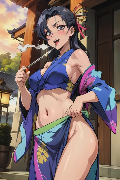 Karumen, blush, lipstick, long hair, crazy eyes ,Hot girl, baddie, staring, glaring, bad attitude, mean girl, crazy, smoking, sensual, attractive, masterpiece, best quality, highly detailed, a anime girl in kimono dress ,holding sword, bare
shoulder,open kimono, evil smile, open mouth, crop top , (nsfw) not safe for work, smile, ecchi anime
style, anime girls, ecchi style, ecchi, digital anime art!!, in anime style, official artwork, visual novel cg,
beautiful anime girl, anime style 4 k, kimono pencil skirt, exposed belly, exposed navel,
exposed midriff, exposed lower belly, outdoor, japanese architecture, temple
