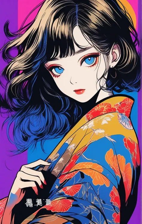 (highest quality, sketch:1.2),realistic,an illustrationレーター,anime,1 girl, detailed lips, kimono,custom, black and gold gradient ...