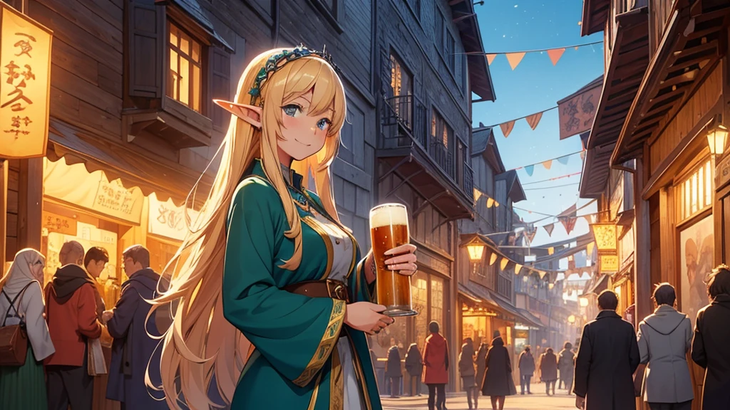 Anime style illustration of a fantastic bustling medieval street during a festival. Intricate vertical architecture with wood and stone buildings, pointed arches and towers rising into a bright blue sky. Narrow streets filled with people in fancy clothes. Garlands of lights and colored pennants cross the street. Spotlight, a young smiling elf woman with long blonde hair and pointed ears, wearing a traditional costume and holding a mug of beer. Warm, golden sunset lighting creates a cozy and festive atmosphere. Detailed and vibrant animation style, reminiscent of the works of Studio Ghibli mixed with elements of role-playing games. Rich, saturated colors, especially in warm tones: golden, brown, green and blue. Meticulous attention to background details and textures. The general atmosphere is happy and magical, capturing the essence of a fantasy world in full celebration