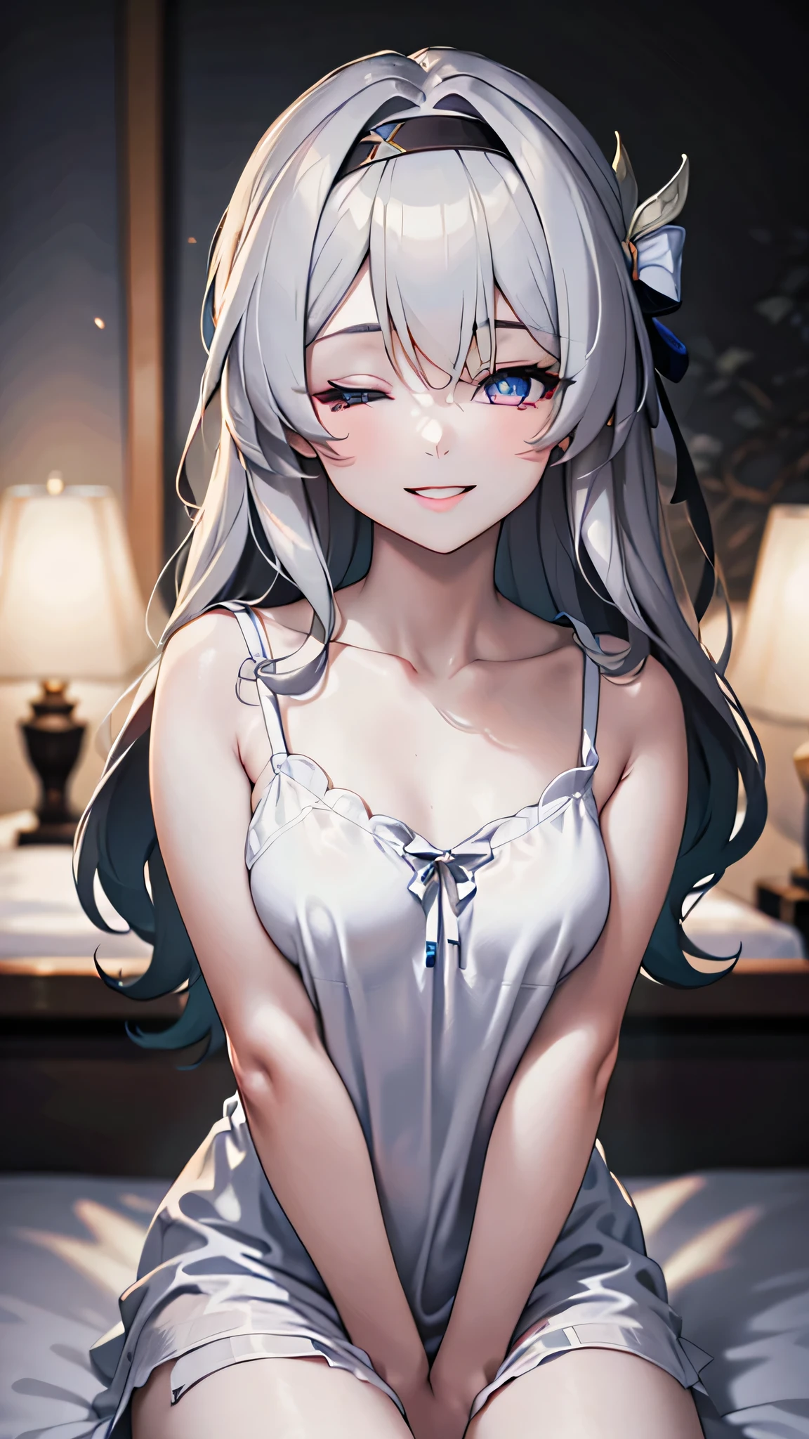 (masterpiece, best quality, absurdres), high quality, highres, ultra detailed, intricate, cinematic lighting, wallpaper, soft lighting, night, night light, close-up, looking at viewer, beautiful woman, 1girl, parted lips, Firefly honkai starrail, firefly HSR, small breasts, grey hair, black bow, hair bow, long stright hair, detailed gradient eyes color, gradient blue and red color eyes, ((Super Realistic Detailed Eyes, glowing eyes)),  in bedroom, sitting on the bed, ((wearing a white nightgown, white nightgown, nightgown)), focus on face, cowboy shot, smile, large smilling, (peace pose, one eye closed,, tongue out)